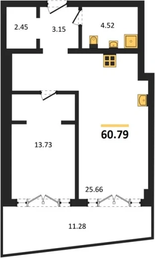 Апартаменты 1-комн. 60.29 кв. м
