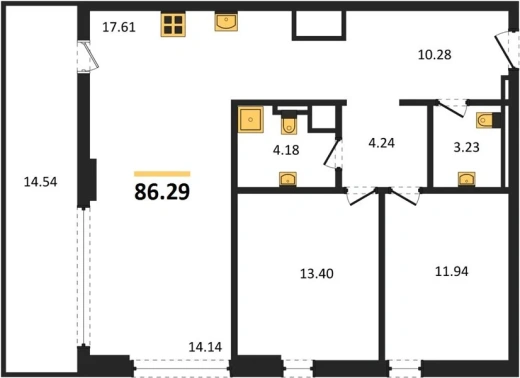 Квартира 3-комн. 86.29 кв. м