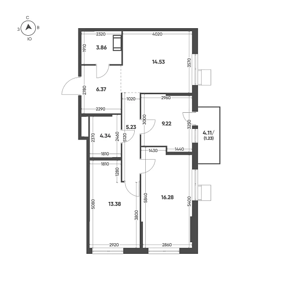 Квартира 3-комн. 74.44 кв. м