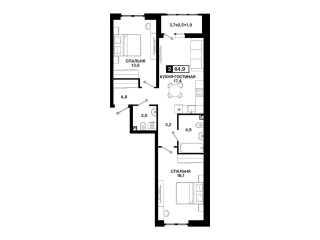 Квартира 1-комн. 43.4 кв. м