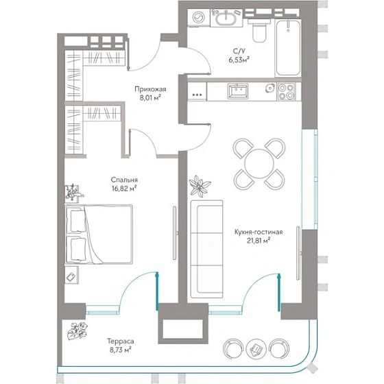 Квартира 1-комн. 61.9 кв. м