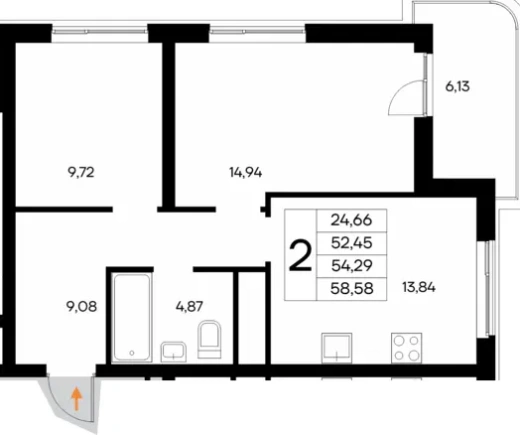 Квартира 2-комн. 58.58 кв. м