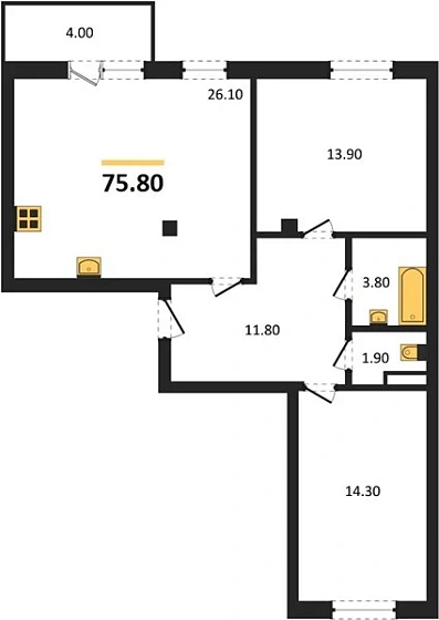 Квартира 2-комн. 75.8 кв. м