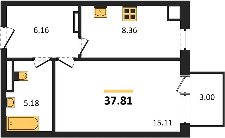 Квартира 1-комн. 37.81 кв. м