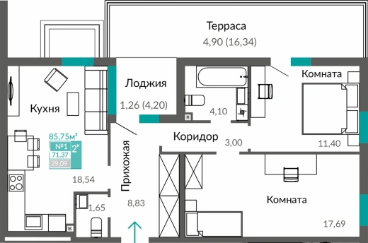 Квартира 2-комн. 71.37 кв.м