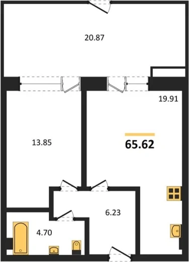 Апартаменты 1-комн. 65.62 кв. м