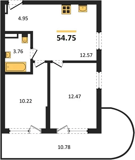 Апартаменты 2-комн. 54.75 кв. м