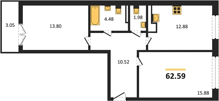Квартира 2-комн. 62.59 кв. м