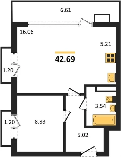 Квартира 1-комн. 42.69 кв. м