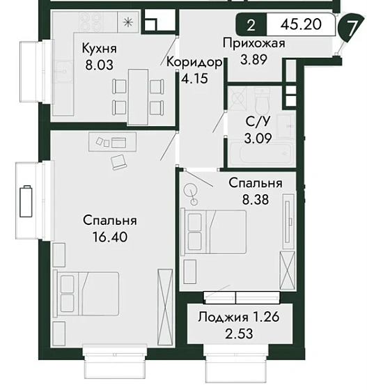 Квартира 2-комн. 45.2 кв. м