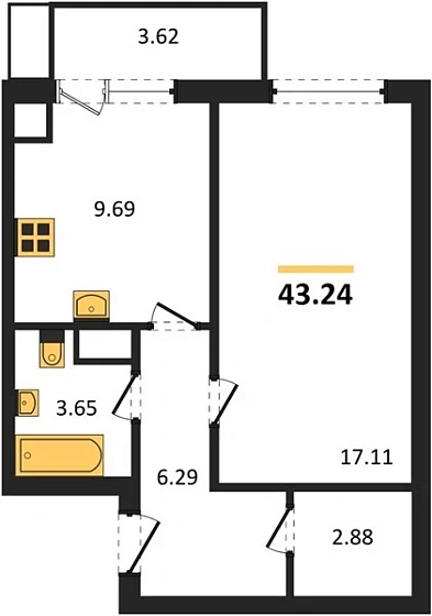 Квартира 1-комн. 43.24 кв. м