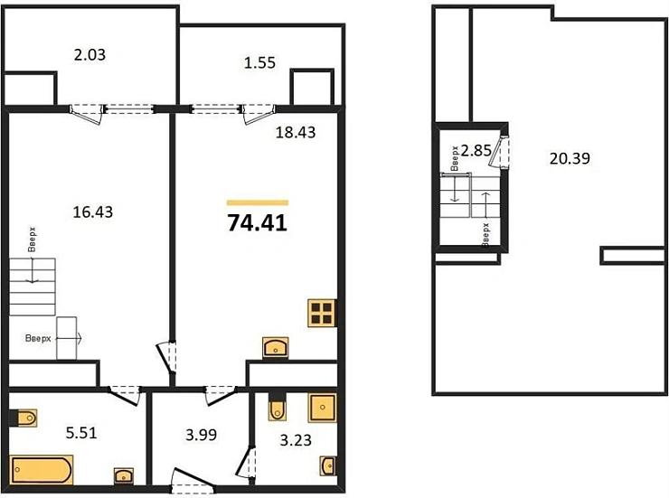 Квартира 1-комн. 74.41 кв. м