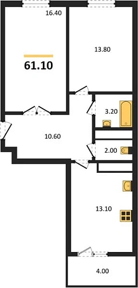 Квартира 2-комн. 61.1 кв. м