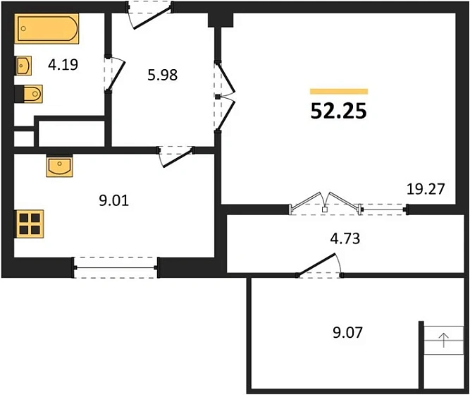 Квартира 1-комн. 52.25 кв. м