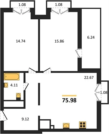 Квартира 2-комн. 75.98 кв. м