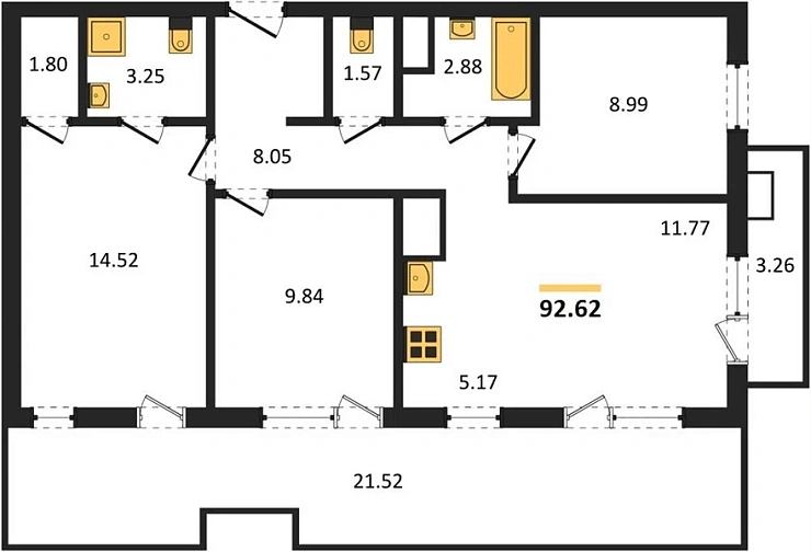 Апартаменты 3-комн. 92.62 кв. м