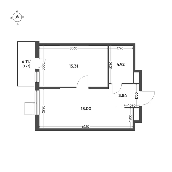 Квартира 1-комн. 43.3 кв. м