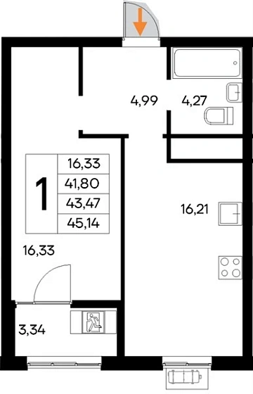 Квартира 1-комн. 45.14 кв. м
