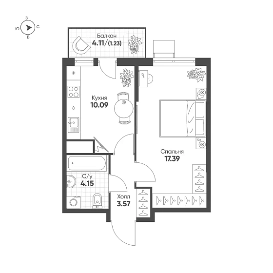 Квартира 1-комн. 36.31 кв. м