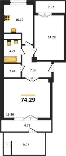 Квартира 2-комн. 74.29 кв. м