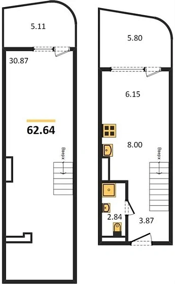 Квартира 1-комн. 62.64 кв. м