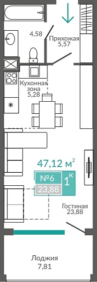 Апартаменты 1-комн. 47.12 кв.м