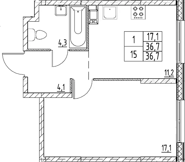 Квартира 1-комн. 36.7 кв. м