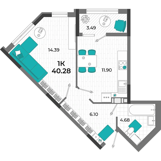 Квартира 1-комн. 40.28 кв. м
