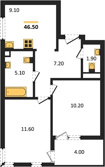 Квартира 2-комн. 46.5 кв. м