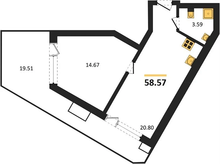 Апартаменты 1-комн. 58.57 кв. м