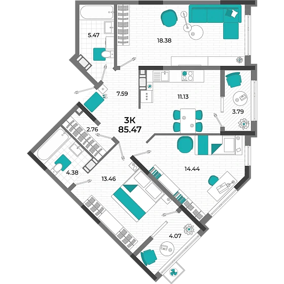 Квартира 3-комн. 85.47 кв. м