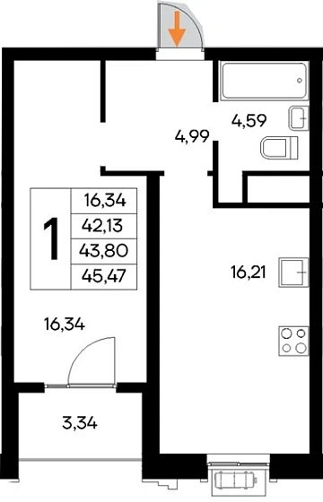 Квартира 1-комн. 45.47 кв. м