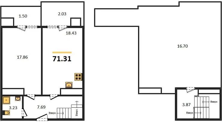 Квартира 1-комн. 71.31 кв. м