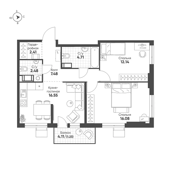Квартира 2-комн. 63.08 кв. м