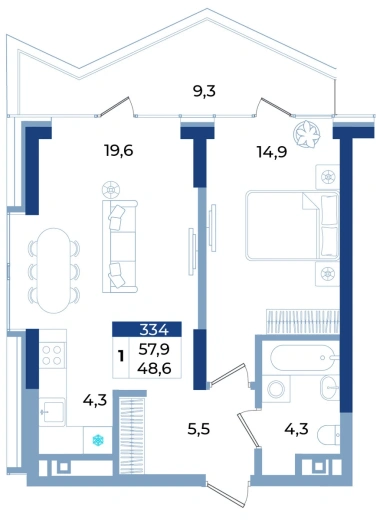 Апартаменты 1-комн. 57.9 кв.м