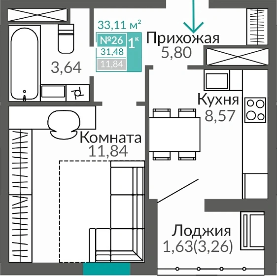 Квартира 1-комн. 31.48 кв.м