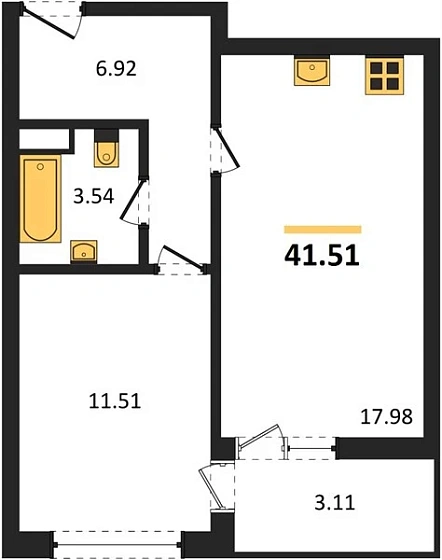 Квартира 1-комн. 41.51 кв. м