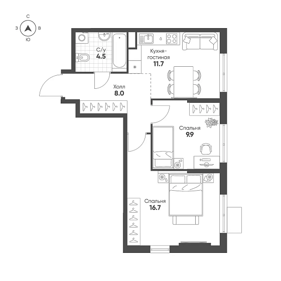 Квартира 2-комн. 50.8 кв. м