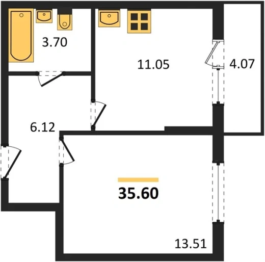 Апартаменты 1-комн. 35.6 кв. м