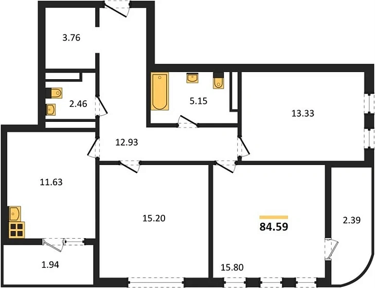 Квартира 3-комн. 84.59 кв. м