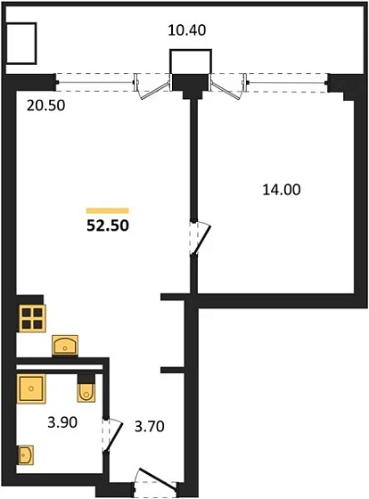 Апартаменты 1-комн. 52.5 кв. м