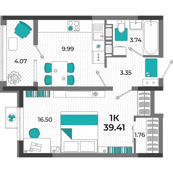 Квартира 1-комн. 39.41 кв. м