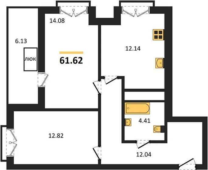 Квартира 2-комн. 61.62 кв. м