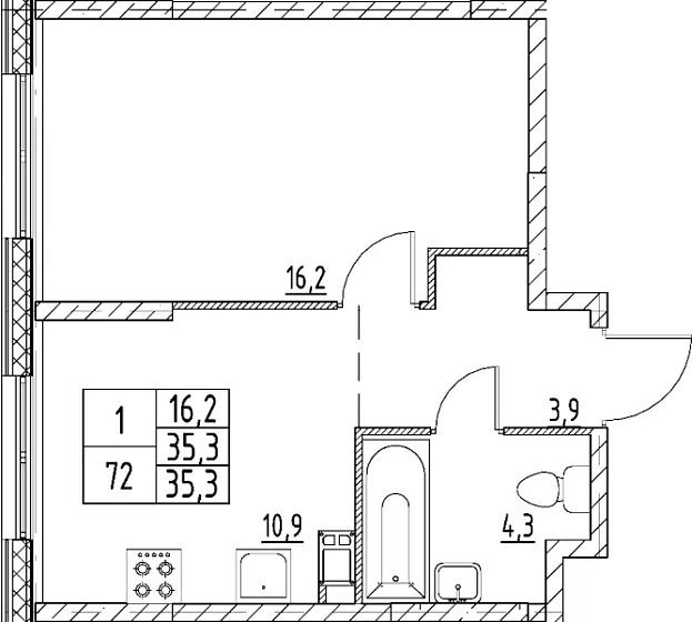 Квартира 1-комн. 35.3 кв. м