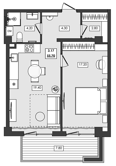 Апартаменты 2-комн. 55.7 кв. м
