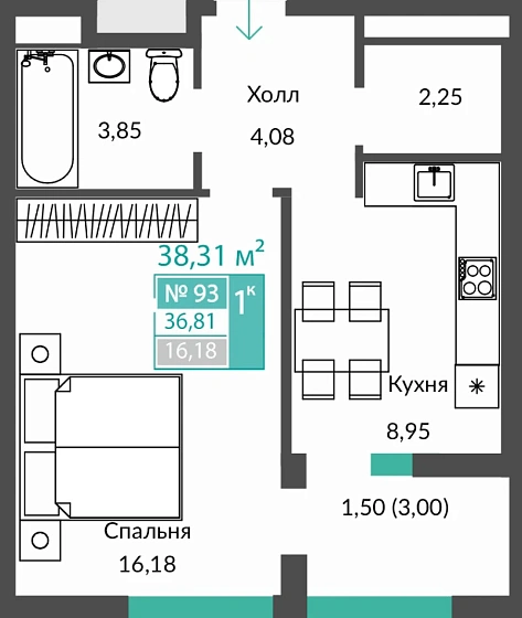 Квартира 1-комн. 36.81 кв.м
