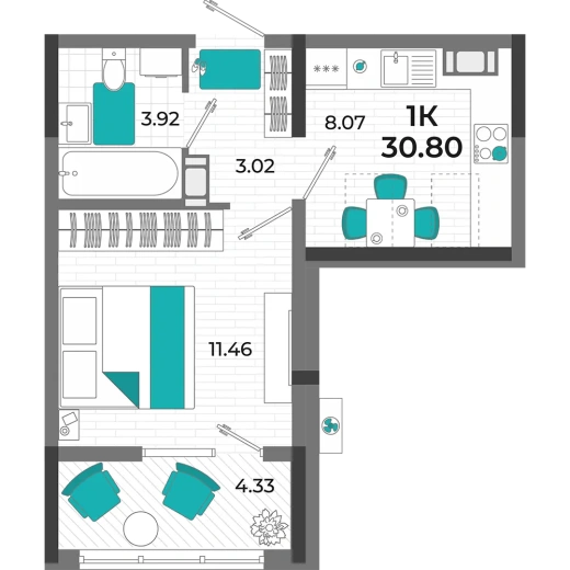 Квартира 1-комн. 30.8 кв. м