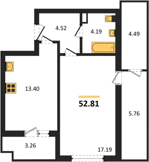 Квартира 1-комн. 52.81 кв. м