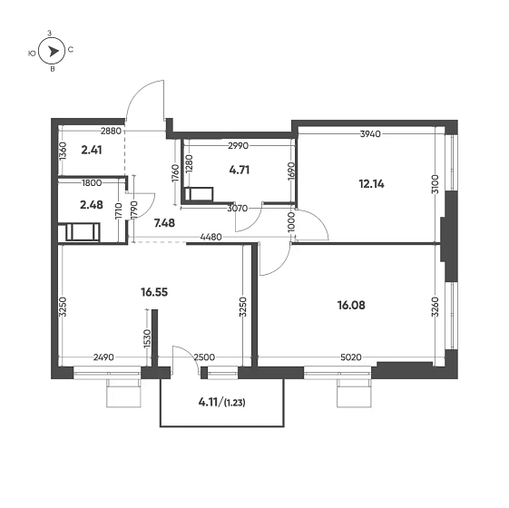 Квартира 2-комн. 63.08 кв. м