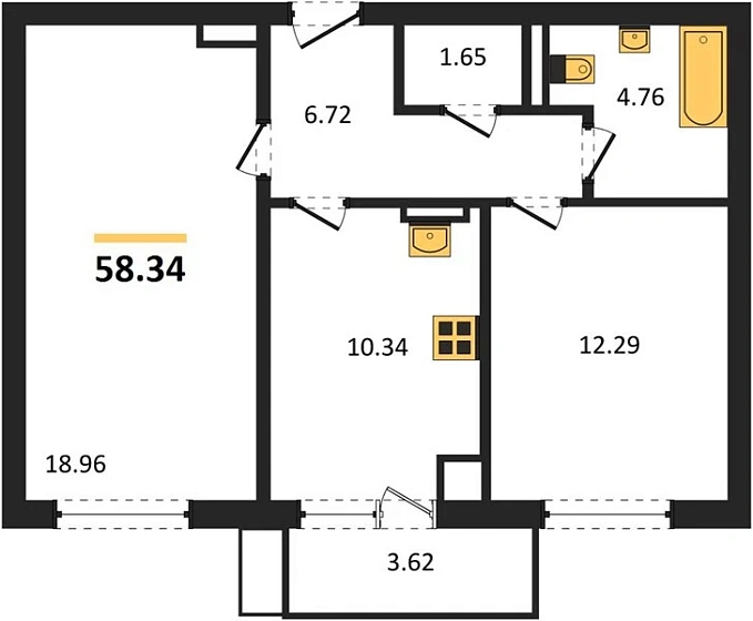 Квартира 2-комн. 58.34 кв. м